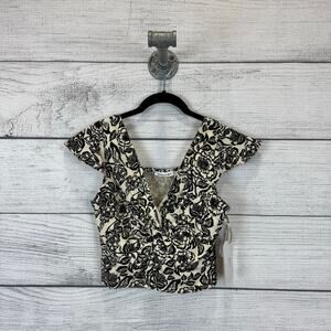 Midnight Sky Women's Cream & Black Linen Blend Floral Top Size Medium